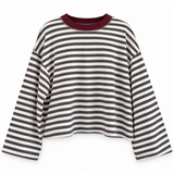 Color Block Neck Trim Long Sleeve Boxy Knit Top